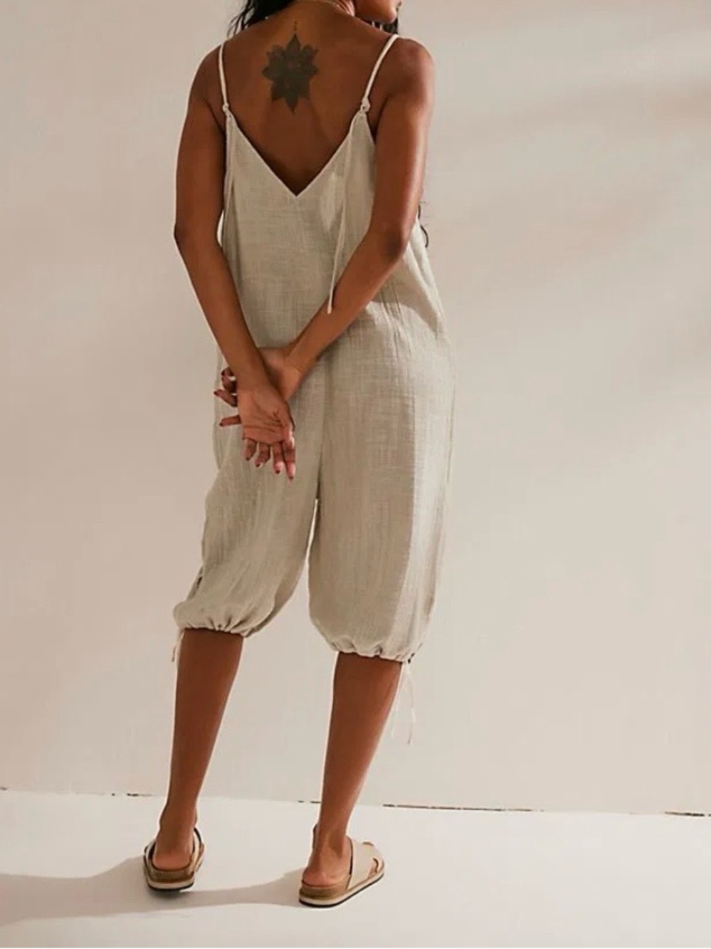Free People Cream Linen-Texture Drawstring Hem Jumpsuit - Picture 2 of 16